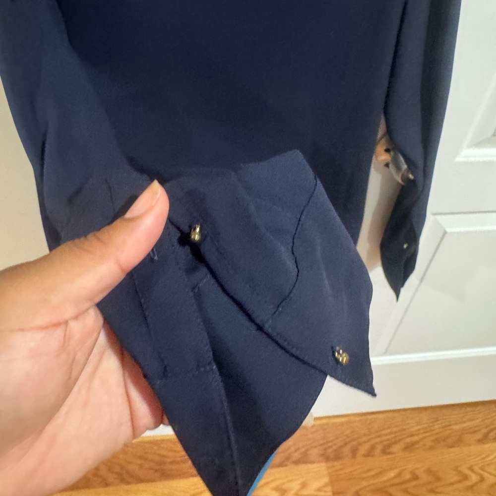 Express Women's Navy Blouse with Gold Zipper Details - Picture 8 of 13